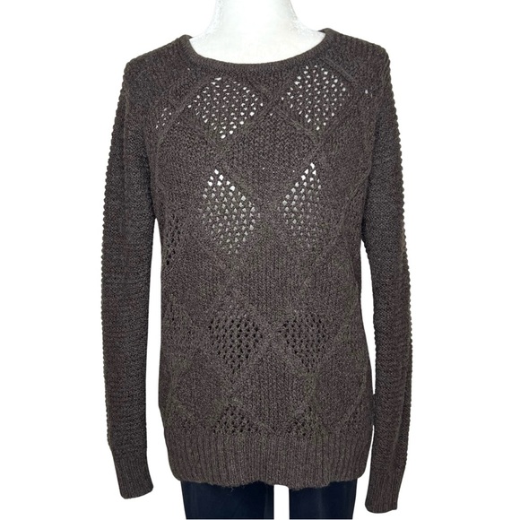 AEO Sweater Argyle Open Weave Diamond Knit Fuzzy Cabin Wool Blend Brown Small S - Picture 1 of 14